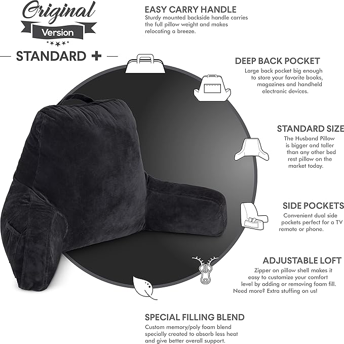 Husband Pillow Black, Original Reading Pillow in Bed Rest Chair, Shredded Memory Foam Large Lounge Cushion Adult Backrest with Arms, Comfy Back Support for Sit Sitting Up, Washable/Removable Cover