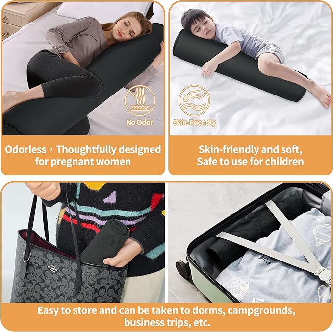 EULANT Inflatable Body Pillow for Adults,47inch Inflatable Travel Body Pillow for Sleep Long Hug Pillow Bolster Pillow for Sleeping,Back(Black)