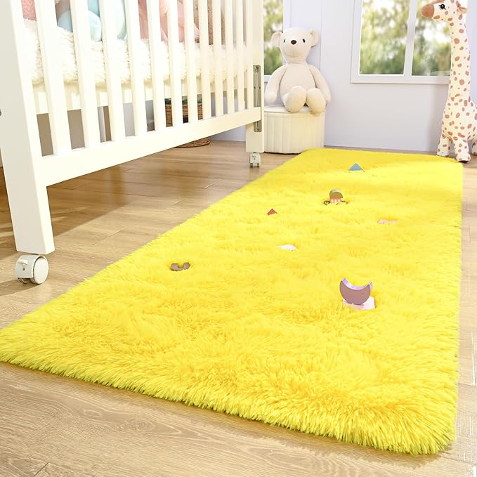 Keeko Runner Rugs for Bedroom Girls Room, 2x6 Fluffy Bedside Kids Room Rug Shag Cute Indoor Baby Rugs Fuzzy Modern Area Carpet for Teen Kid Girl Child Nursery Living Room Dorm Decor Yellow