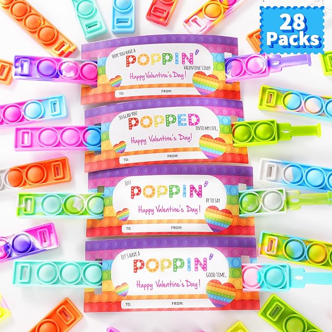 28 Packs Valentines Day Gift Cards with Pop Fidget Bracelets Toy for Kids, Stress Relief Sensory Toy for School Classroom Valentine’s Exchange Greeting Cards, Boys Girls Party Favors