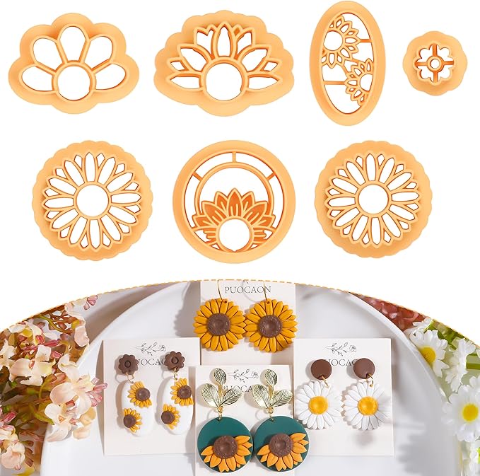 Puocaon Sunflower Clay Cutters Set - 7 Pcs Flower Clay Cutters for Jewelry Making, 3D Print Clay Earring Cutters, Floral Dangle Clay Cutters for Polymer Clay Jewelry, Retro Flower Cutters Shape