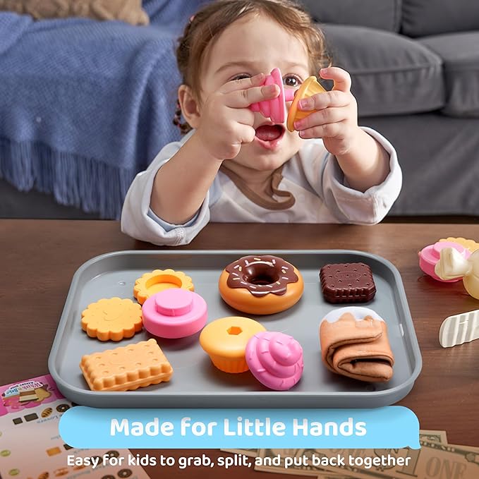 Cookie Play Food Set, Toddler Pretend Toys, 17 PCS Kitchen Toy Food Sets with Plastic Cookies, Baking Menu, Bakery Tray, and Play Money for Boys and Girls, Birthday Gift for Kids
