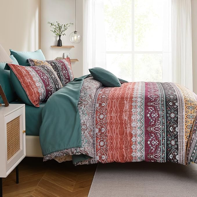 Cottolester Boho King Size Comforter Set 8 Pieces, Orange and Green Bohemian Striped Bed in a Bag, Paisley Soft Microfiber Bedding Comforter Set