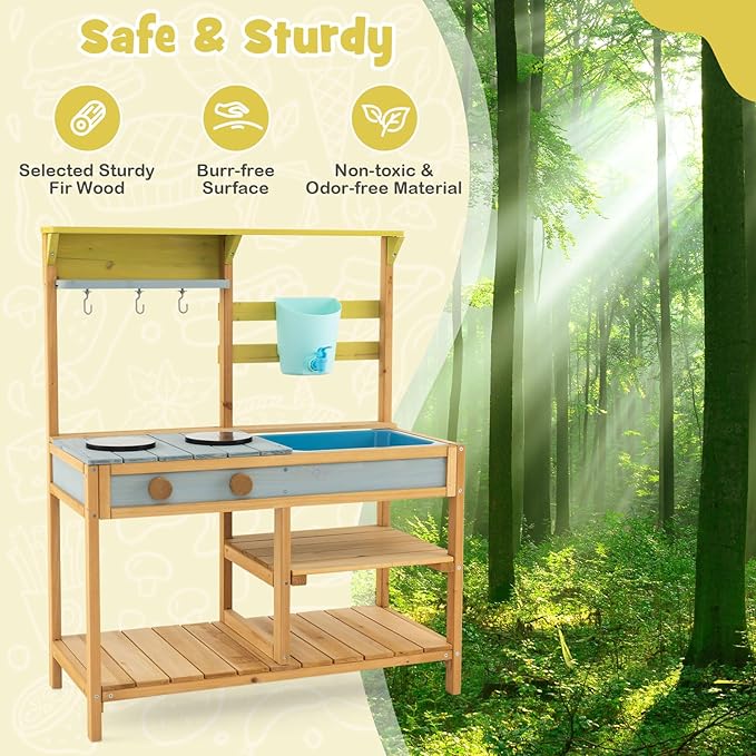 HONEY JOY Mud Kitchen, Fir Wood Outdoor Play Kitchen for Toddlers, Removable Sink, Real Water Tank with Faucet, Utensils, Pretend Play Mud Kitchen for Kids Outdoor, Gift for Boys Girls, Natural
