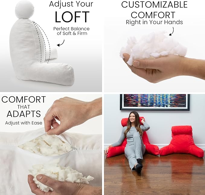 Husband Pillow Medium Red, Backrest for Kids, Teens, Petite Adults - Reading Pillows with Arms, Adjustable Loft, Plush Memory Foam, Bed Rest Chair for Sitting Up, Detach Neck Roll, Removable Cover