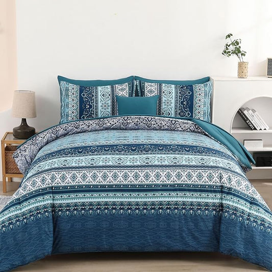 Cottolester Boho Blue Comforter Set Queen Size 8 Pieces,Teal Blue Comforter Bohemian Striped Bed in A Bag,Soft Microfiber Bedding Set for All Seasons