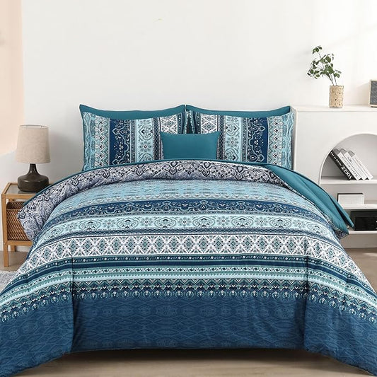 Cottolester Boho Comforter Set King Size 8 Pieces, Teal Blue Comforter Bohemian Striped Bed in A Bag, Soft Microfiber Bedding Set for All Seasons