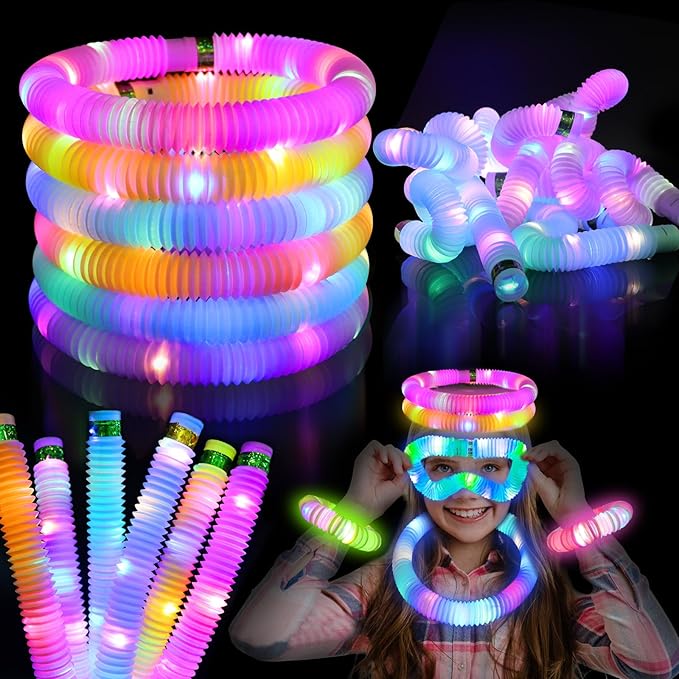 Glow Sticks Light Up Fidget Pop Tubes 6 Pack Glow in The Dark Party Supplies Toddler Sensory Toys, Glow Stick Party Pack Halloween Party Favors Goodie Bag Stuffers Christmas Return Gifts for Kids