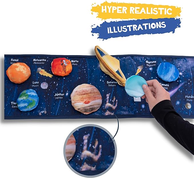 Solar System Cloth Book for 3 Year Old Toddler| Outer Space Fabric Book for Toddlers | Astronaut Plush Toy Included | Preschool and Early Learning | Carry on Travel Play and Learn Sensory Toys.