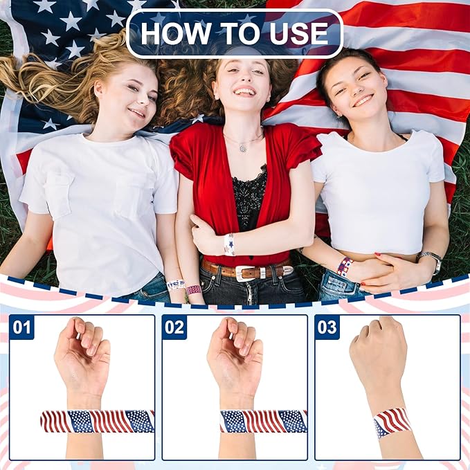 48 Pieces American Flag Slap Bracelets Bulk - 10 Assorted Designs Patriotic Snap Bands, USA Themed Party Favors for Kids and Adults, Fourth of July Accessories, Goodie Bag Fillers, Classroom Prizes