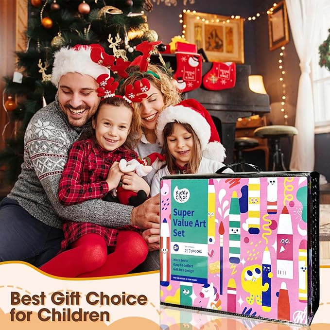 KIDDYCOLOR Kids Art Set, Drawing Art Supplies for Girls & Boys Ages 4-8 with Watercolor Cakes, Oil Pastels, Colored Pencils, Ideal Gift for Young Artist, Black-217pcs