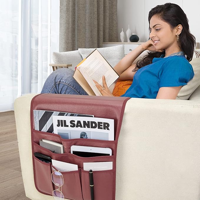 Teniux Remote Control Holder Faux Leather Armrest Organizer with 6 Pockets for Recliner Couch Sofa, Armchair Caddy for Smart Phone, Book, Magazines, Ipad, Remotes (Rose Wine)