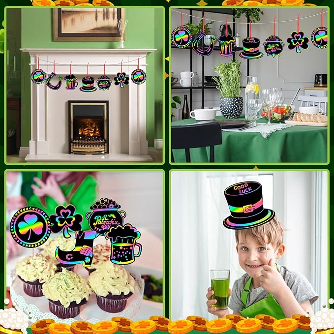 JULMELON 36 PCS St Patricks Day Scratch Art for Kids, St. Patrick’s Day Crafts for Kids Rainbow Color Magic Scratch Paper Cards Shamrock Hanging Ornaments DIY Crafts Decorations Party Favors