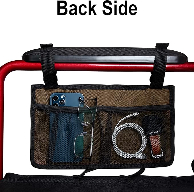 Wheelchair Side Bag, Armrest Storage Pouch with Cup Holder and Reflective Strip Use of Waterproof Fabric, for Most Wheelchairs, Walkers or Rollators (Coffee)