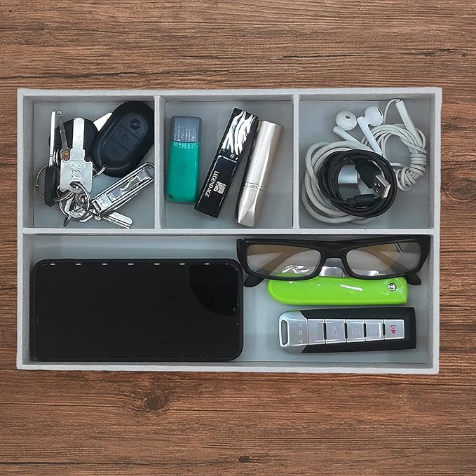 Desktop PU Leather Storage Rack, Proxy Parking tray, Dressing table Desktop Organizer, with 4 Compartments for Placing Mobile Phones, Remote controls, Cosmetics, Watches, and other Decorative trays.