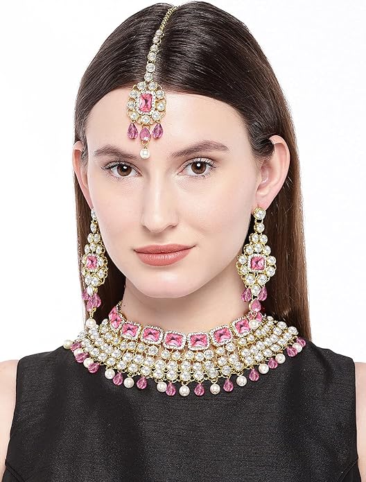 Aheli Kundan and Simulated Colored Stones Indian Ethnic Maang Tikka Necklace and Earrings Set Bollywood Festive Statement Jewelry Gift for Women