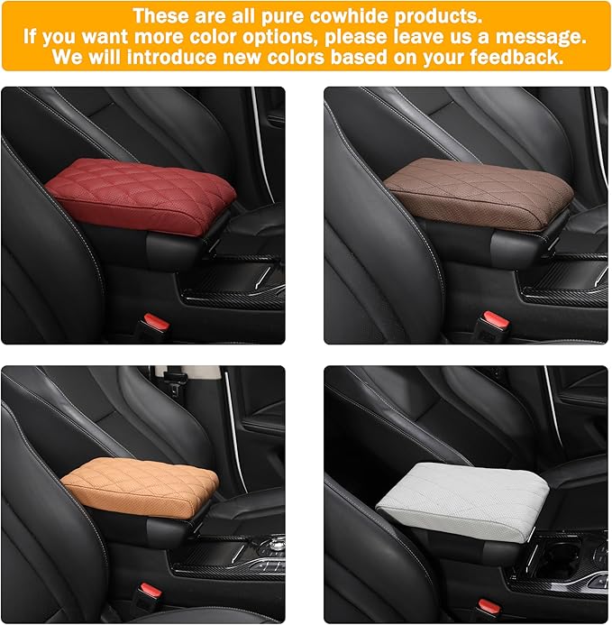 POKSRI Car Center Console Cover/pad Genuine Leather,Universal Armrest mat, Adjust driving posture Cushion,Protector box,Memory Foam,Real cowhide,Relieves shoulder/arm fatigue,boosting driving safety