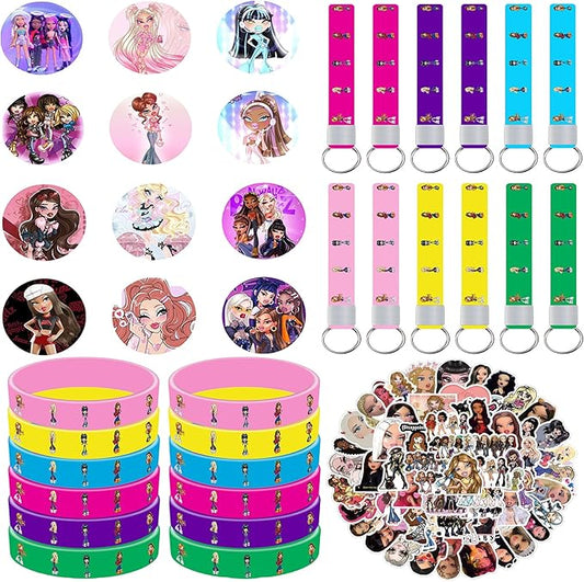 86Pcs Cartoon Delicacy Party Supplies Cartoon Party Favors Include 12Pcs Bracelets-12Pcs Button Pins-12Pcs Keychains-50Pcs Stickers for Birthday Party Decorations