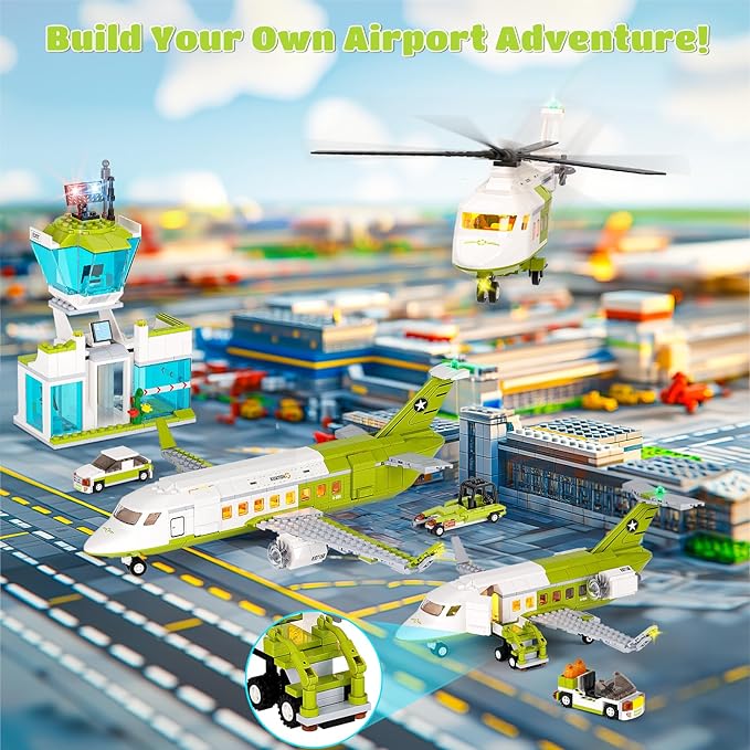 3 in 1 City Passenger Airplane Building Sets with LED Light, 684 PCS Toy Plane Building Blocks with Airport Terminal, Luggage Cart, Aircraft Tug Model Plane Toys for Kids 6-12+