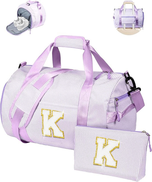 Gifts for Niece, Girls Travel Duffle Bag, Kids Initial Overnight Duffel Bags with Shoe Compartment, Personalized Dance Bag with Cosmetic Pouch, Birthday Gift for Granddaughter (Letter K)