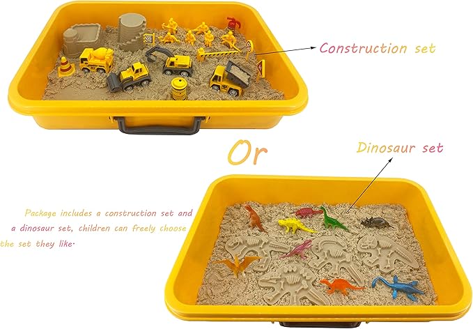 INvench Construction Dinosaur Play Sand Set - 38 Pieces Sensory Bin Sand Kit Include 2 lbs Magic Sand, Construction Vehicle, Dinsoaur Figures, Dinosaur & Castle Molds for 3 4 5 Year Old Toddlers Kids