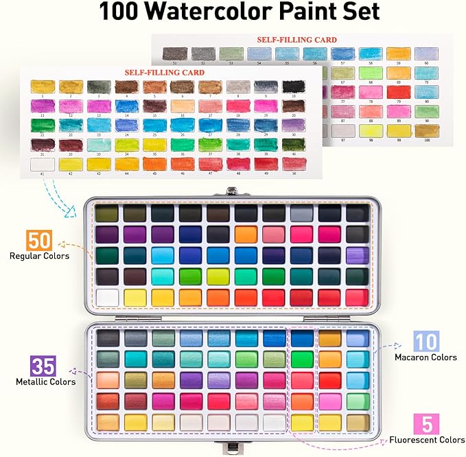Watercolor Paint Set 100 Colors botkc Travel Water Colors kit with 7 Brushes 8 Watercolor papers Palette set Including Metallic and Accessories Art Supplies Gifts for Beginner Artists Adults and Hobbyists