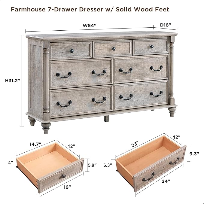 T4TREAM Farmhouse 7 Drawers Dresser Chests for Bedroom w/ 4 Column Solid Wood Feet, Tall Wide Wood Country Rustic Chest of Drawers, Storage Dressers for Bedroom, Living Room, Light Rustic Oak