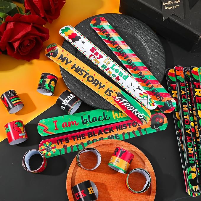 JUNEBRUSHS 56Pcs Black History Month Slap Bracelets, Black History Month Wristbands Bracelets Bulk for Kids Adult Black History Month Party Favors Accessories Gifts Decorations
