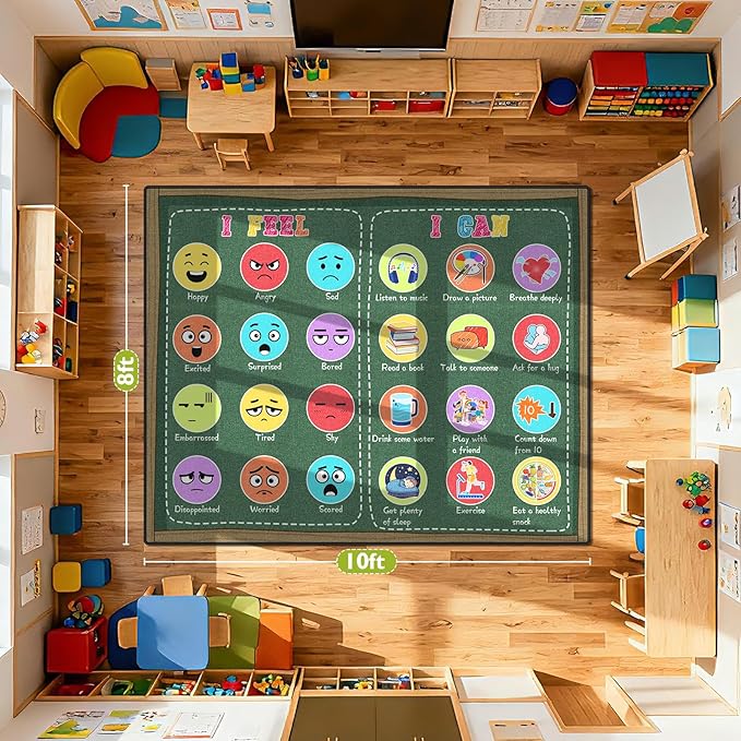 Large Classroom Rug Elementary 8x10ft for Playroom, Educational Smiley Face Kids Play Mat, Calming Corner Sensory Emotion Feelings Rug for Kidroom Nursery Bedroom, Non-Slip Washable(Green)