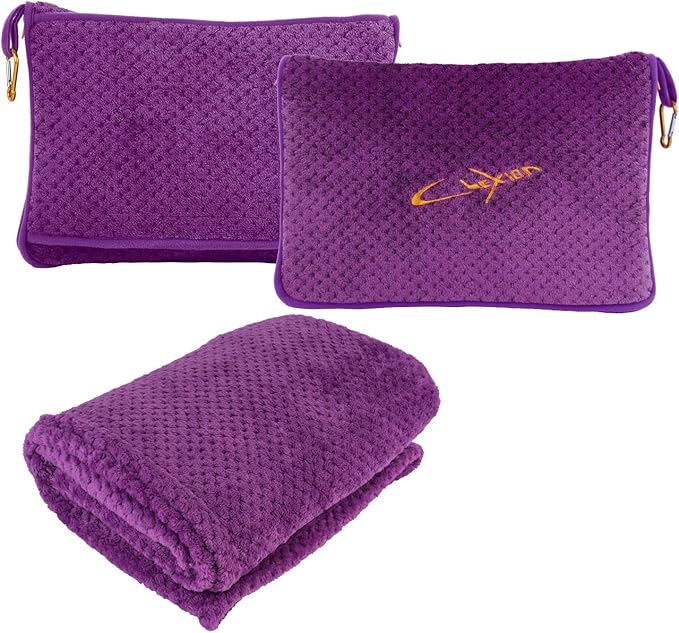 CLEXION Travel Blanket Pillow-Premium Soft 2 in 1 Airplane Blanket for Long Trips Essentials with Bag Pillowcase, Hand Luggage Sleeve and Backpack Clip (Violet)
