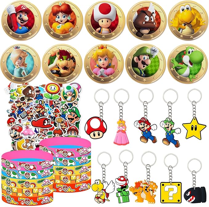 80 Pcs Party Favors Include 10 Bracelets, 10 Keychains, 10 Pattern decorations and 50 Stickers for Kids, Best Gift Bag Filler and Pinatas for birthday party