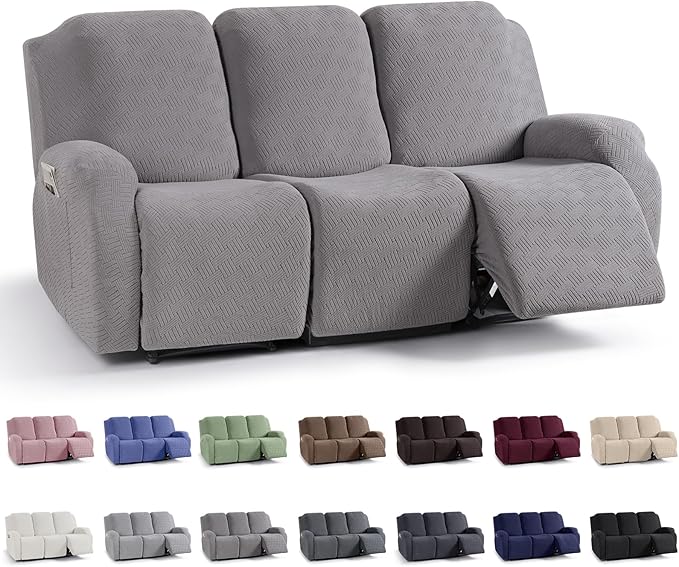 KinCam Recliner Covers, Stretch Reclining Chair Covers, Recliner Sofa Slipcovers Stripe Jacquard Recliner Couch Covers Furniture Protector Covers for Pet Kid (3 Seater, Light Gray)