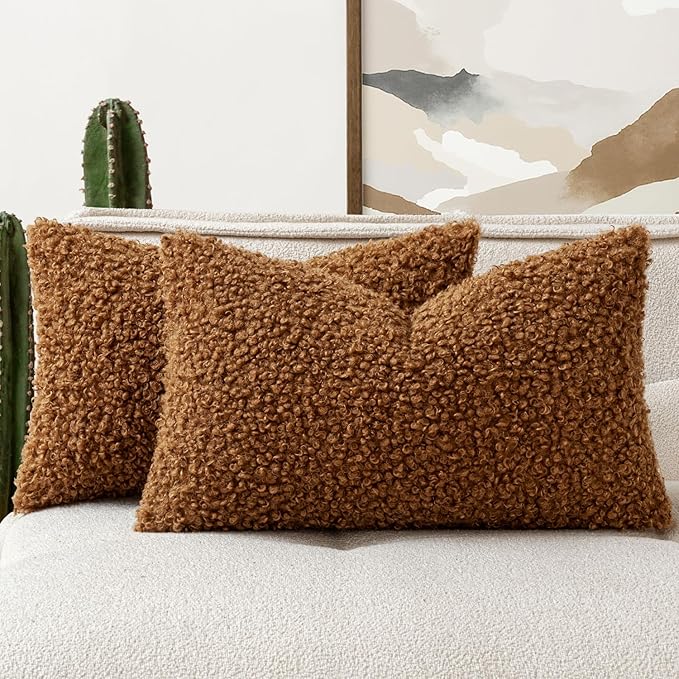 Woaboy Faux Fur Throw Pillow Covers 20x12 Inch Set of 2 Boucle Neutral Decorative Lumbar Sherpa Fuzzy Accent Soft Sheepskin Fleece Cushions Modern Home Fall Decor for Couch Bedroom Living Room,Brown