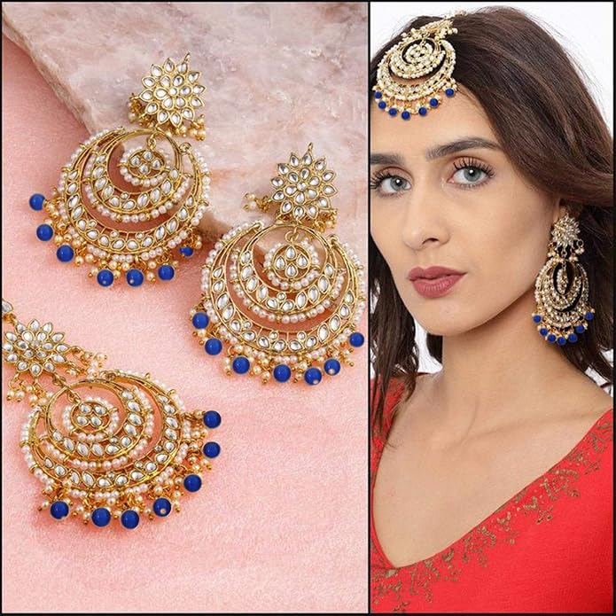 Aheli Bollywood Ethnic Chandbali Style Big Earrings Maang Tikka Set Traditional Fashion Jewelry Gift for Women