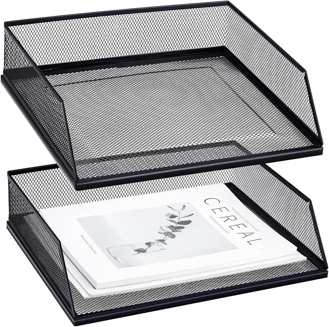 Hicarer 2 Pcs Black Metal Letter Tray Stackable Desk Tray Single Wire Mesh Organizer Front Load File Paper Holder for Desktop Office Home School Classroom (9.84 x 12.8 Inch)