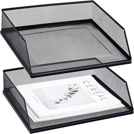Hicarer 2 Pcs Black Metal Letter Tray Stackable Desk Tray Single Wire Mesh Organizer Front Load File Paper Holder for Desktop Office Home School Classroom (9.84 x 12.8 Inch)