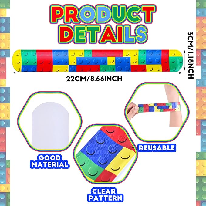 Civaner 48 Pieces Building Blocks Party Favors Building Block Slap Bracelets Silicone Wristband Color Brick Party Slap Bracelet Building Blocks Bracelets for Colorful Birthday Party Favors