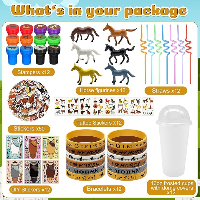 122 Pcs Horse Party Favors, Farmhouse Pony Party Supplies with Cup Straw Tattoo Sticker Goodie Bags Fillers Treat Bag Gifts Classroom Rewards for Cowboy Pinatas Western Horses Birthday Party(Horse)