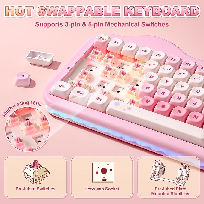YUNZII C75 Wireless Mechanical Keyboard,75% Layout, Hot-Swappable NKRO,BT5.0/2.4G/USB-C Mode,Dye-Sub PBT MOA Keycaps,RGB Gasket Mount,Cute Cake Design for Mac/Win/Gaming (Pink, Candy Switch)