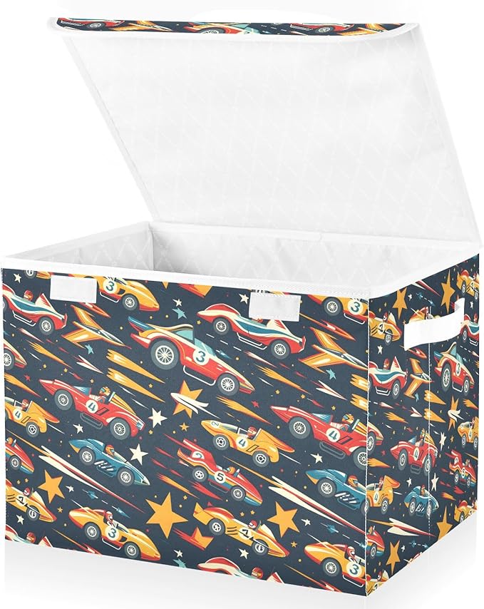 senya Large Storage Bins with Linen Collapsible Foldable Storage Cubes Fabric Closet Organizer Containers box with Flip-Top Lid for Home Bedroom Office 16.7 x 12.6 x 11.8in (Racing Car)