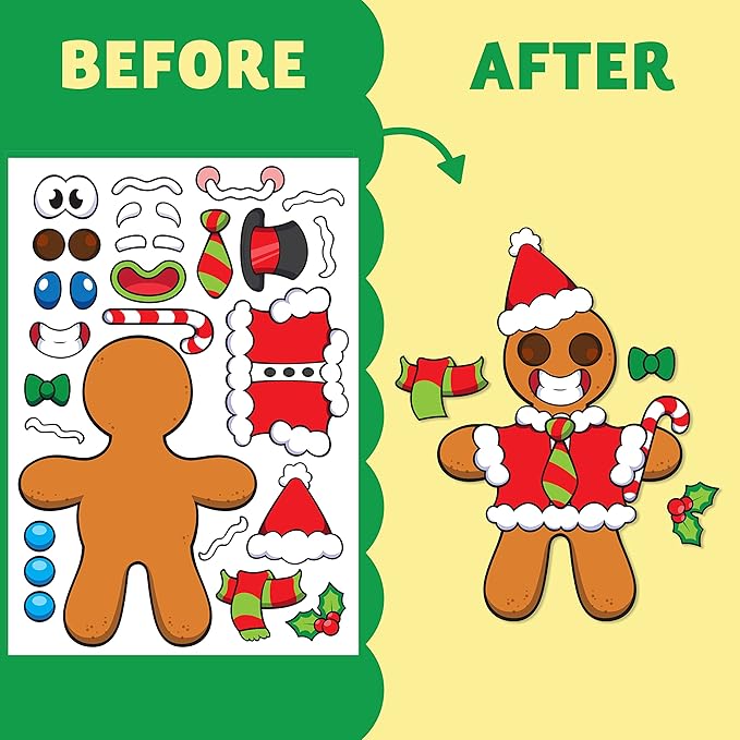 JOYIN 36 Pcs Christmas Make-a-face Sticker Sheets Make Your Own Xmas Cute Stickers with Gingerbread and Tree Sticker Series Design for Kids Party Favor, Art Craft Supplies, Classroom Activities Game