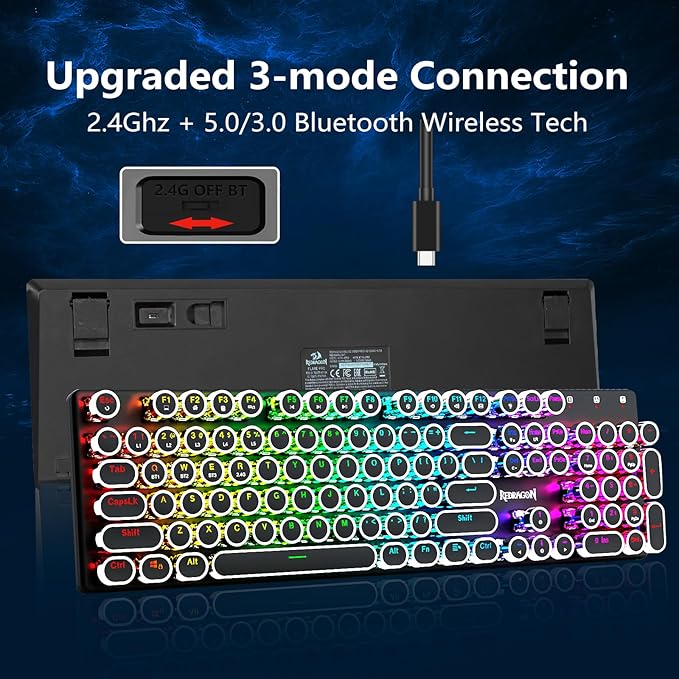 Redragon Typewriter Keyboard Wireless, Mechanical Gaming Keyboard, Bluetooth/2.4Ghz/Wired, RGB LED Backlit, Rechargeable, Blue Switch - Clicky, Solid Metal Panel, Round Keycaps, Black
