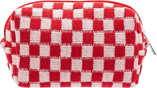 PAZIMIIK Checkered Makeup Bag for Purse Portable Zipper Make Up Pouch Small Cosmetic Case for Travel Accessories (Red)