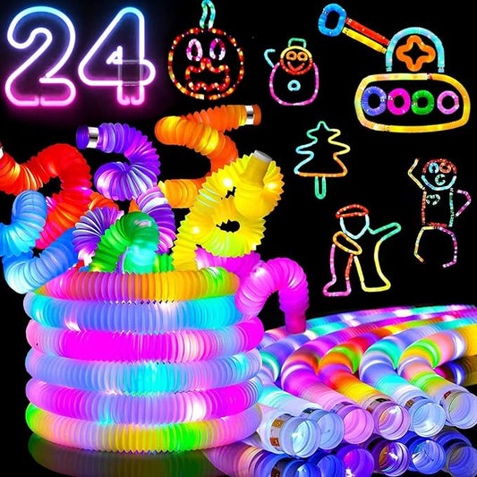 Jishi Light Up Pop Tubes 8-Pack LED Glow Sticks Bulk Christmas Glow in The Dark Party Favors Supplies, Kids Christmas Birthday Party Decorations, Sensory Light Up Fidget Tubes Toys for Kids Boys Girls