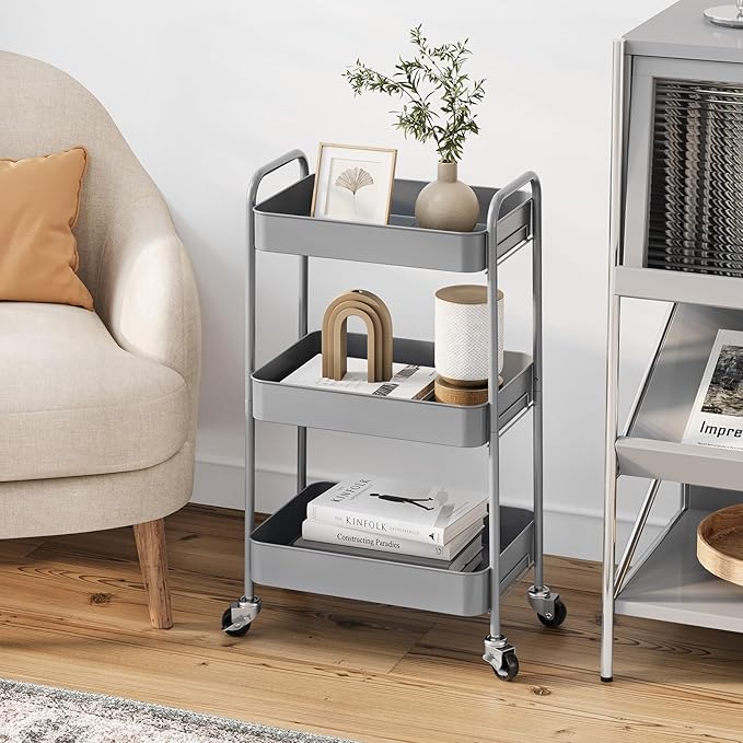 TOOLF 3-Tier Metal Rolling Cart with Wheels, Storage Utility Organizer Cart for Kitchen, Bathroom, Office, Baby Essentials & Makeup - Lockable Casters, Easy Assembly, Large Capacity, Gray