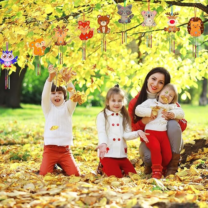 9 Pack Wind Chime Kit for Kids,Fall Craft Kits Autumn Animals Wind Chime Decorative Wooden Hanging Ornaments DIY Painting Craft for Boys Girls Thanksgiving Halloween Party Supplies