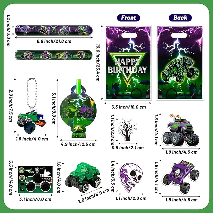 Haooryx Green Purple Monster Truck Party Favor - 122Pcs Monster Truck Slap Bracelets Sticker Blowouts Noisemakers Mini Vehicles Car Toy Keychain with Gift Bag for Kids Birthday Party Goodie Bag Supply