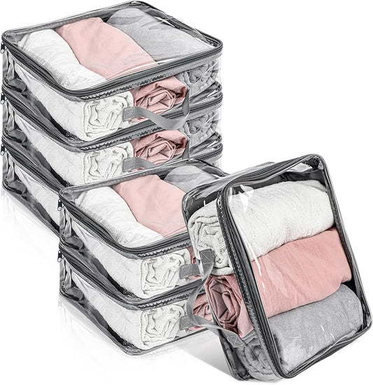 6 Pieces Large Clear Travel Packing Cube Clear Vinyl Zippered Storage Bags See Through Moving Bag PVC Multipurpose Pouch with Handle for Suitcase Shirts Dress Storage (Gray, 11.8 x 10.2 x 3.9 Inch)