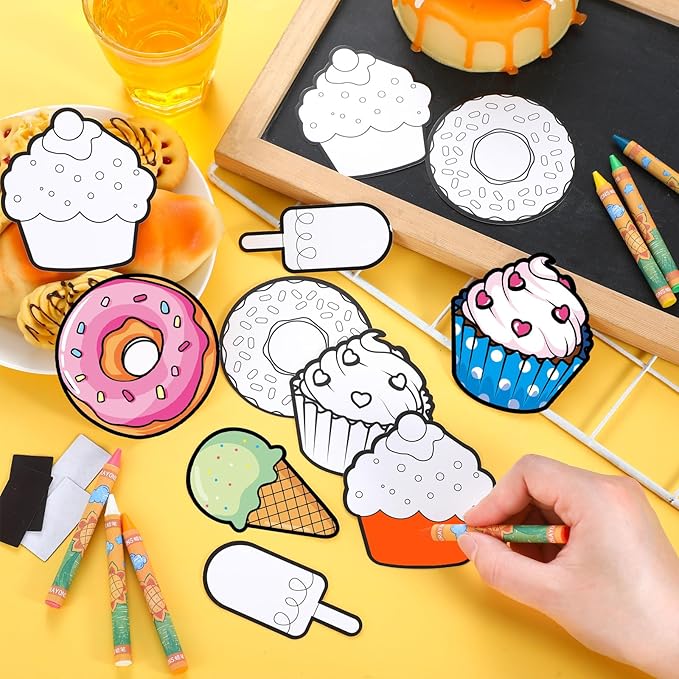 30 Pcs Dessert Crafts Color Your Own Sweet Treat Magnets for Kids DIY Coloring Ice Cream Magnet Kits for Art Donut Party Favors Birthday School Activities Ornaments