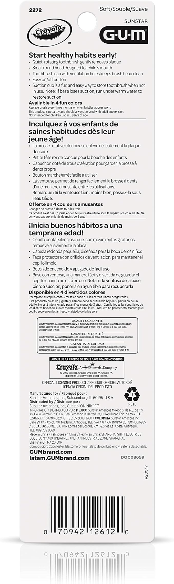 GUM Crayola Power Toothbrush for Kids, Extra Soft Bristled Toddler Toothbrushes, Travel Cap + Suction Cup Base, Batteries Included, 1ct (Pack of 2)